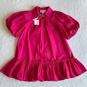 NWT Sincerely Ours Button Front Pink Fuschia Mini Dress Sz S Ruffle Puff Sleeve